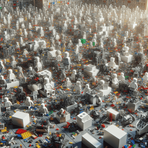 An AI-generated image featuring Lego people in what looks like a giant warehouse