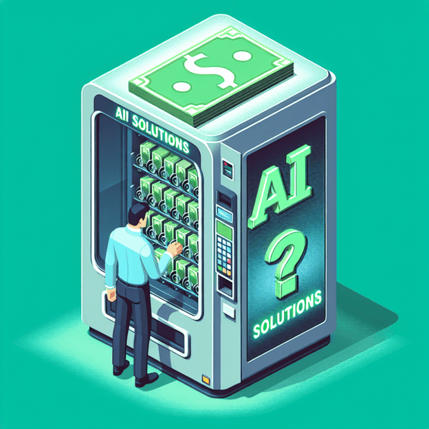 An AI-generated image of a man standing in front of an AI Solutions vending machine